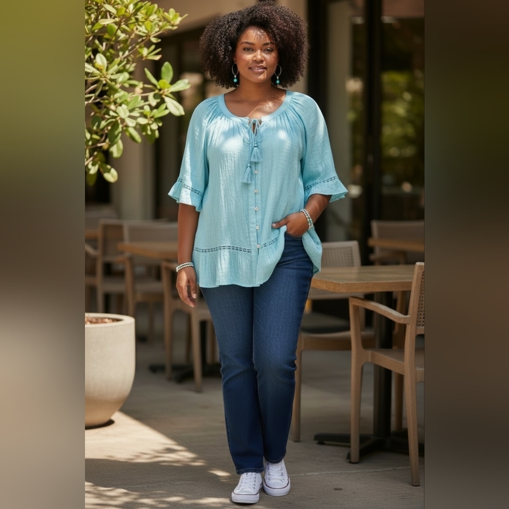 Light Blue Tassel Tie Button-Front Women's Top